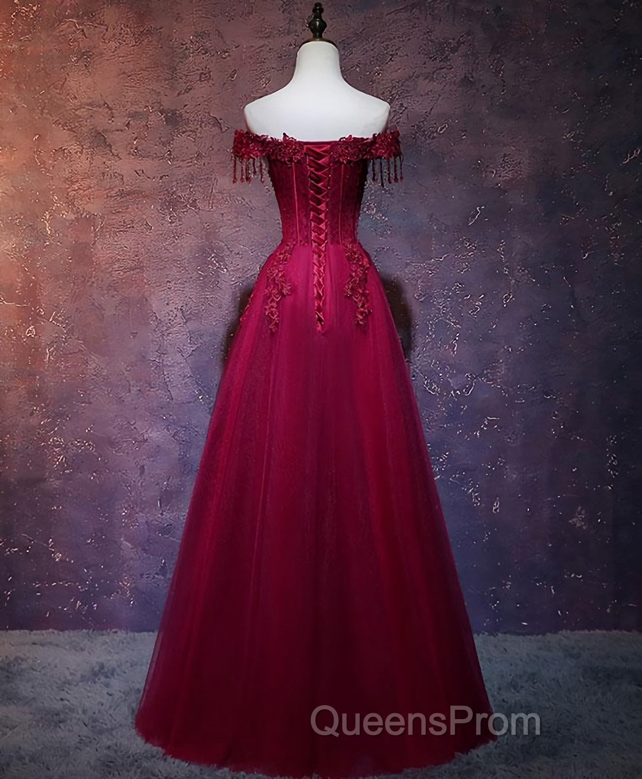 Burgundy Tulle Lace Off Shoulder Long Evening Prom Dress, Burgundy Lace Evening Dress