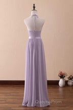 Lilac Halter Open Back Ruffled Long Bridesmaid Dress