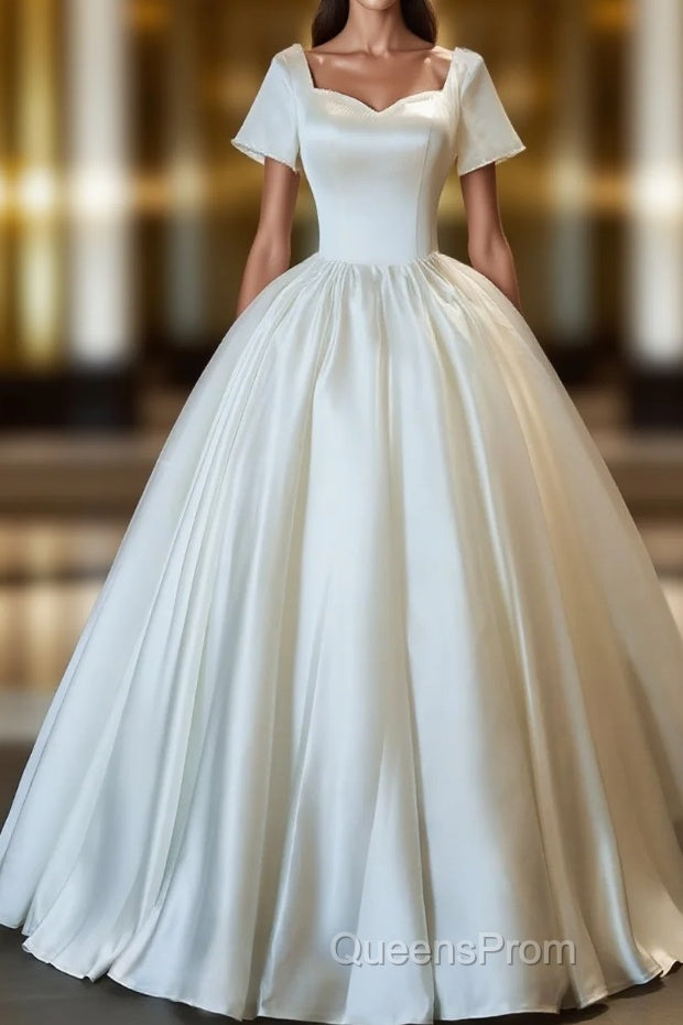 White Sweetheart Satin Long Bridal Dress, White Wedding Dress Main image