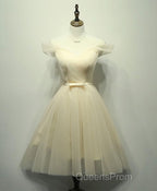 Simple V Neck Tulle Off Shoulder Short Evening Prom Dress, Pink Homecoming Dress