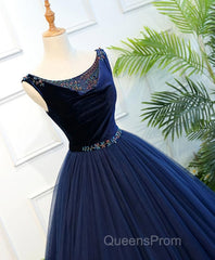 Dark Blue Tulle Long Evening Prom Dress, Dark Blue Tulle Evening Dress