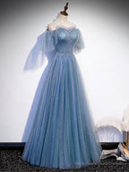 Blue Sweetheart Tulle Sequin Long Prom Dress, Blue Formal Dress, 1