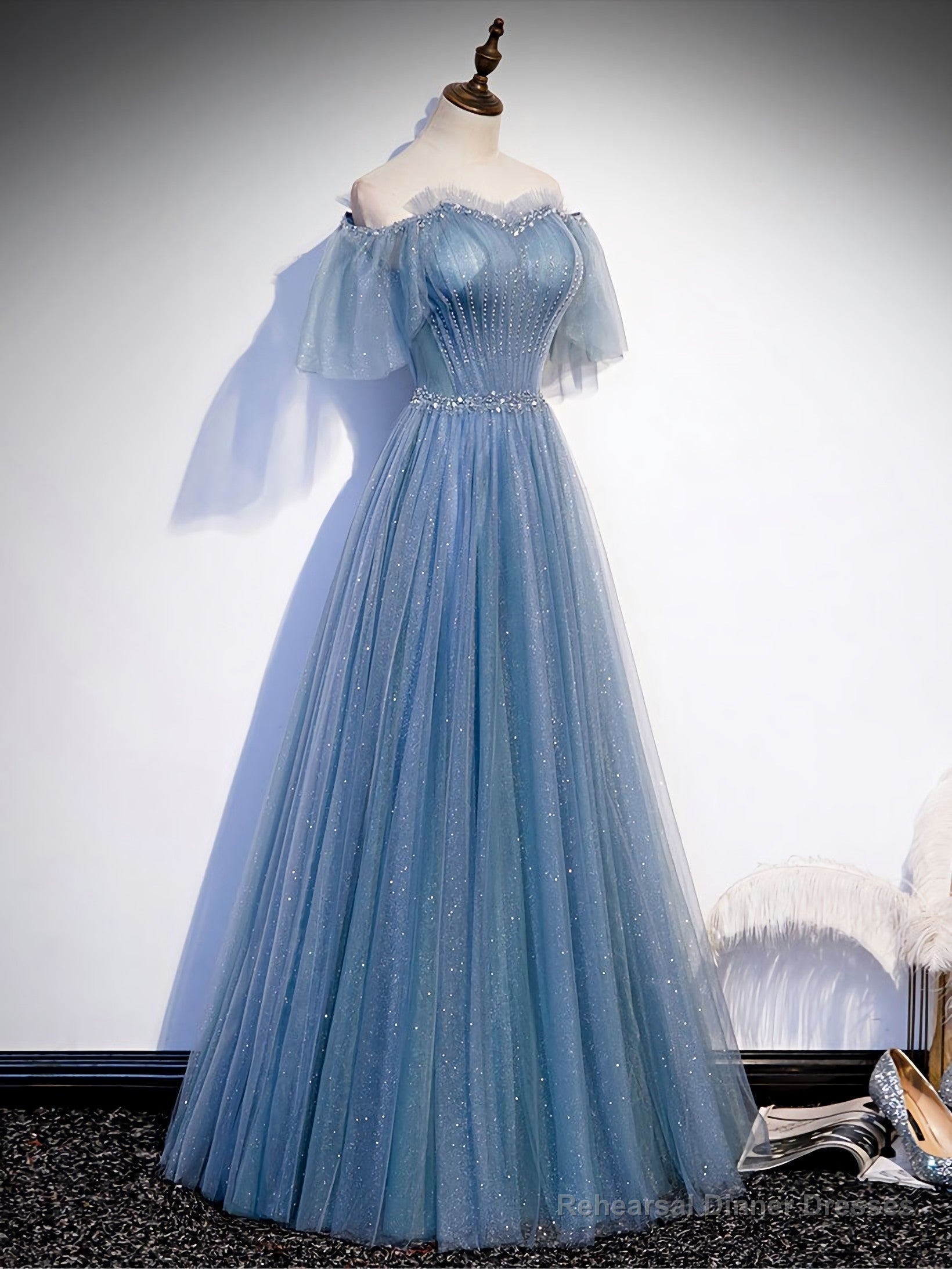 Blue Sweetheart Tulle Sequin Long Prom Dress, Blue Formal Dress, 1