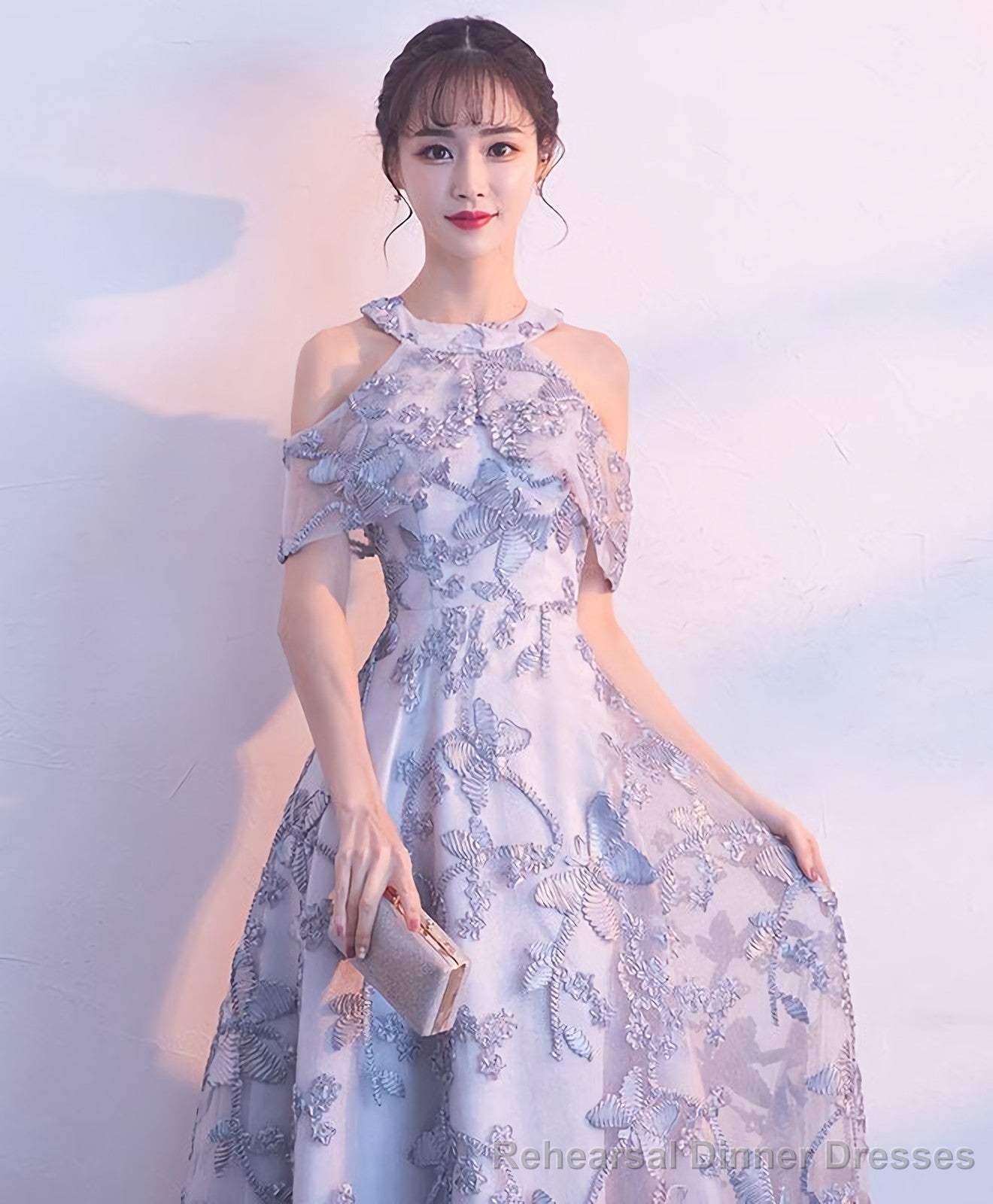Gray Lace Long Prom Dress Gray Lace Bridesmaid Dress Secondary image