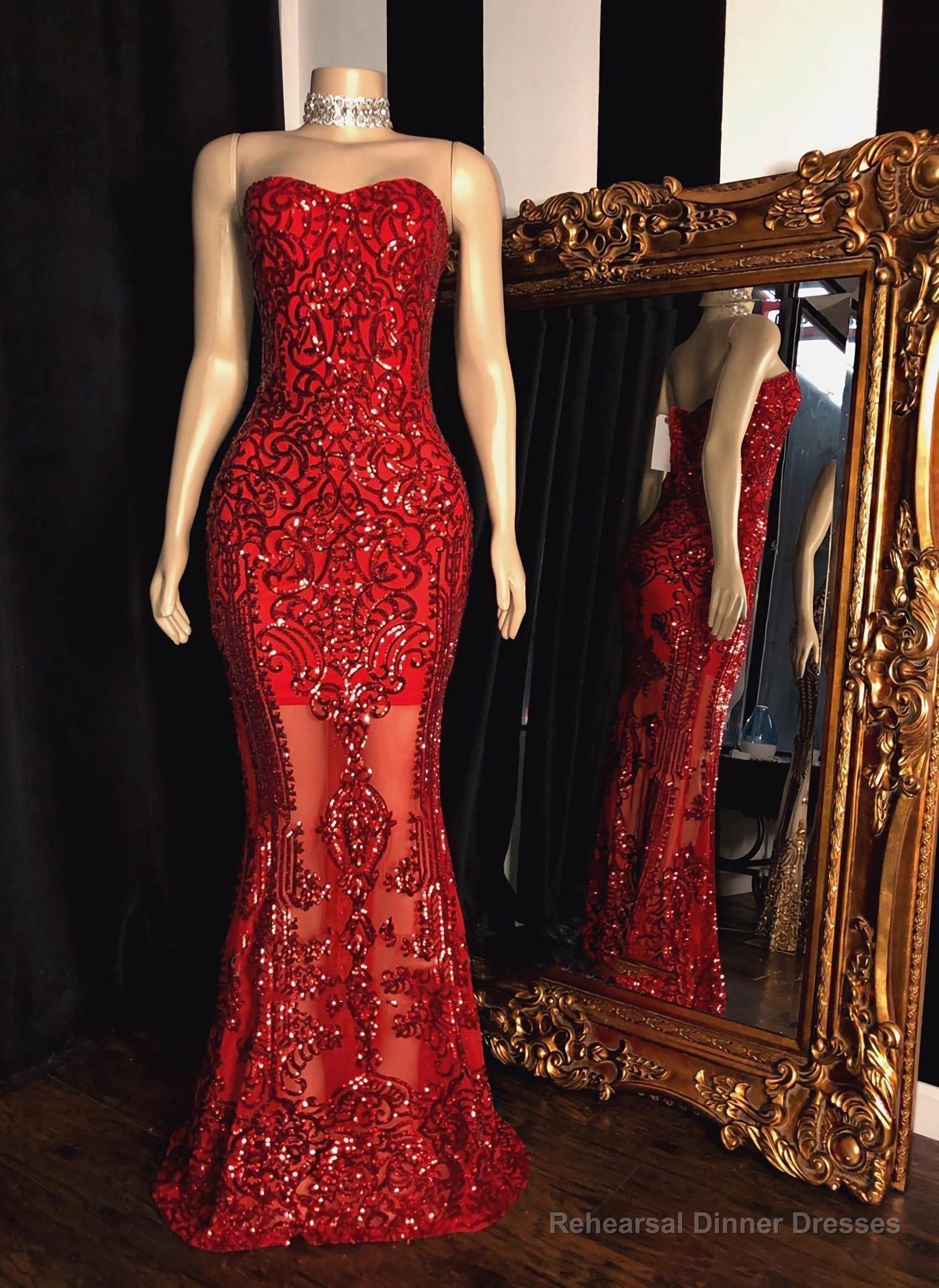2025 Red Sheath Sweetheart Strapless Floor Length Tulle Lace Prom Dresses Main image