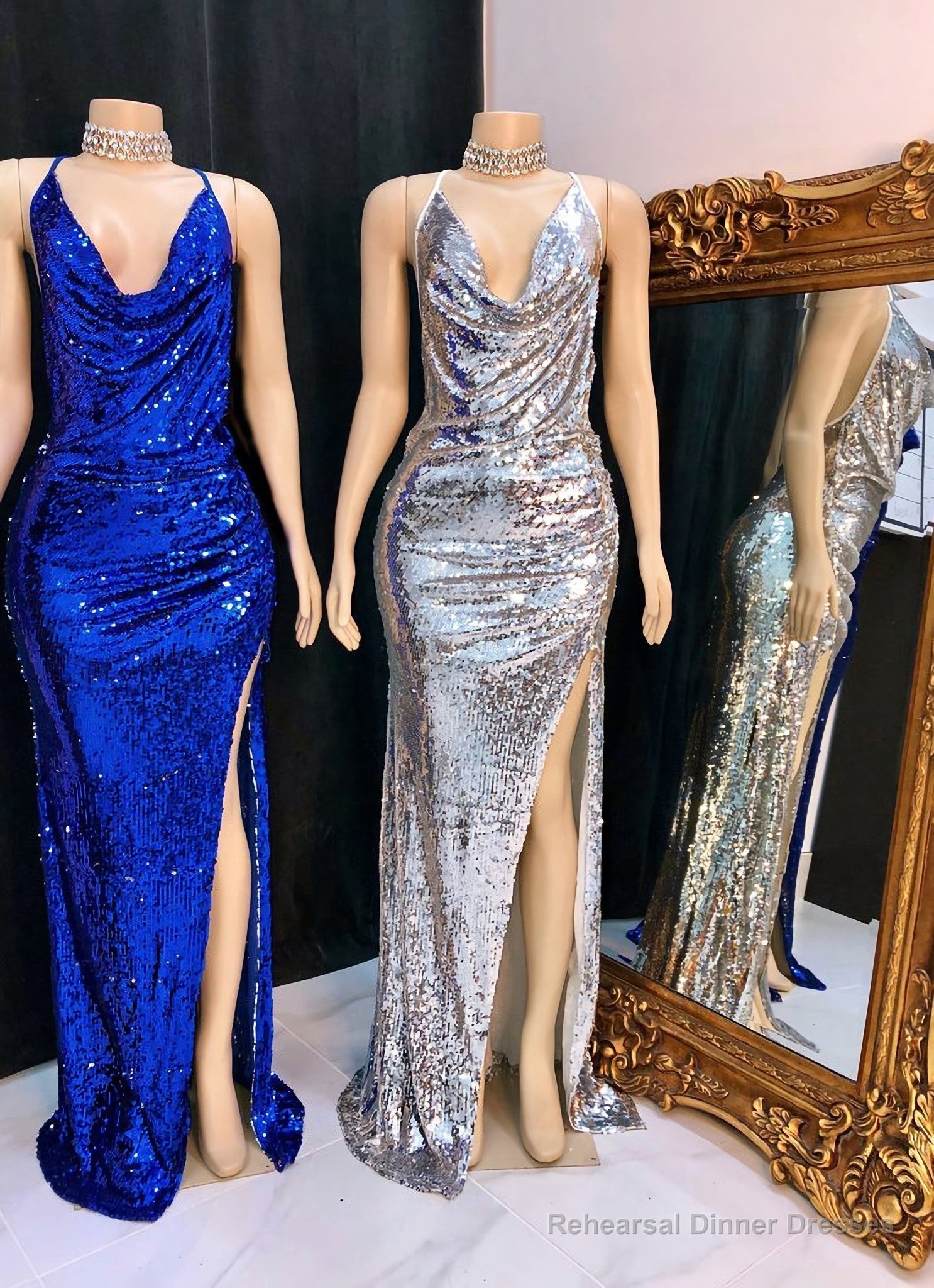2025 Silver Halter Sequence Side Slit Backless Long Prom Dresses