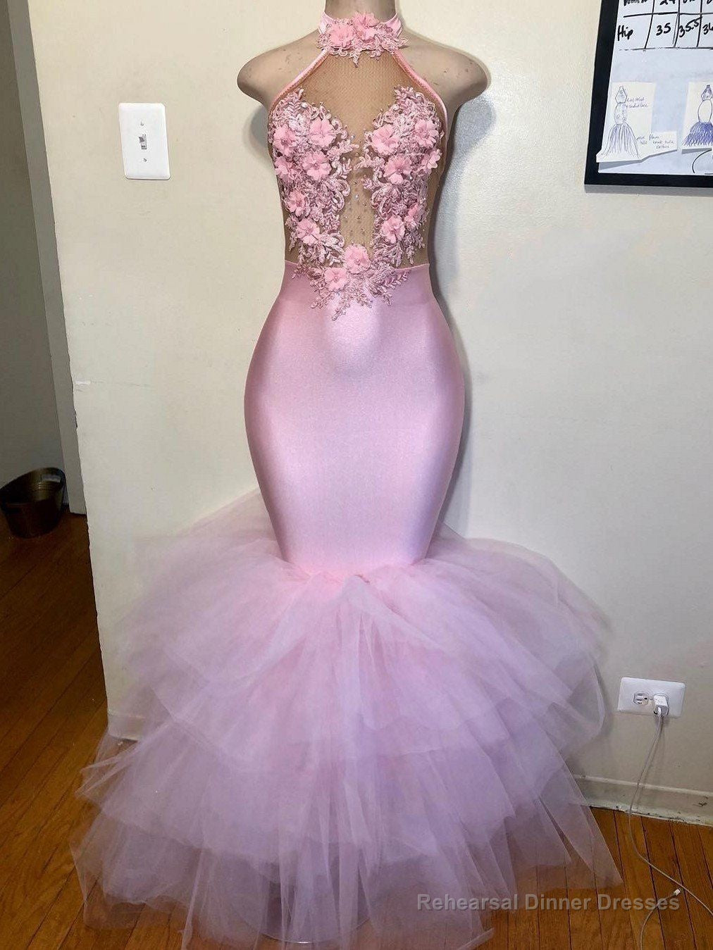 2025 Mermaid Tulle Halter Pink Floral Backless Long Prom Dresses