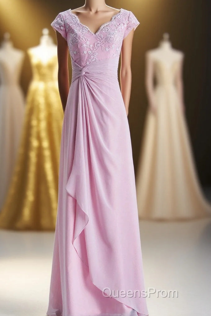 Short Sleeves Pink Appliques Knot Long Bridesmaid Dress Main image
