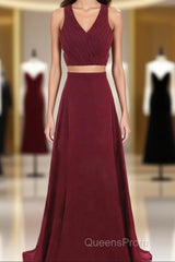 Two Piece Evening Prom Dress A-Line Floor-length Burgundy Chiffon Evening Prom Dress