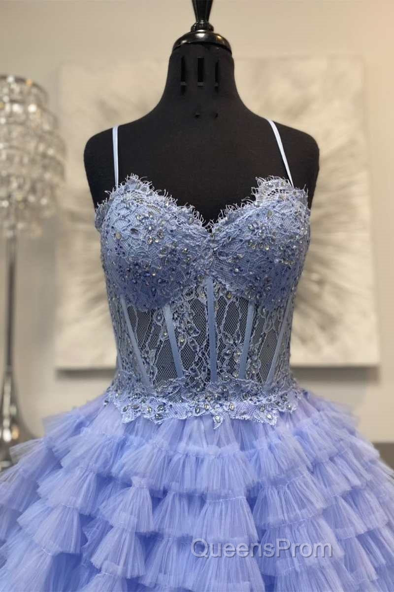 Periwinkle Lace Sweetheart Tiered Long Evening Prom Dress with Ruffles Secondary image
