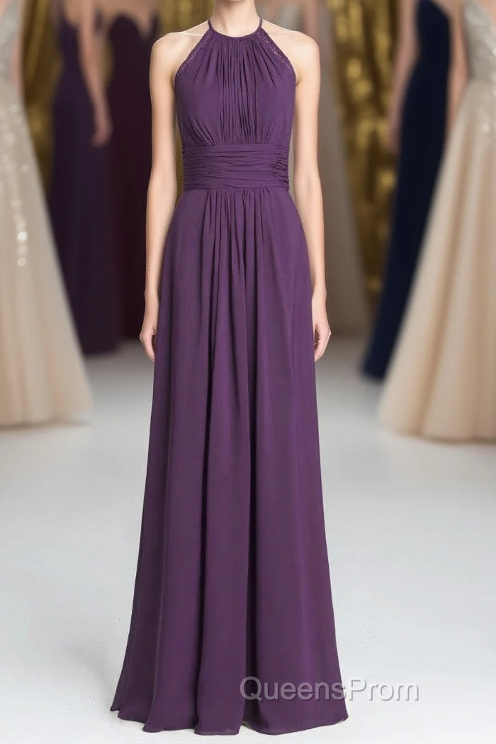 Purple Halter A-line Pleated Long Bridesmaid Dress Main image