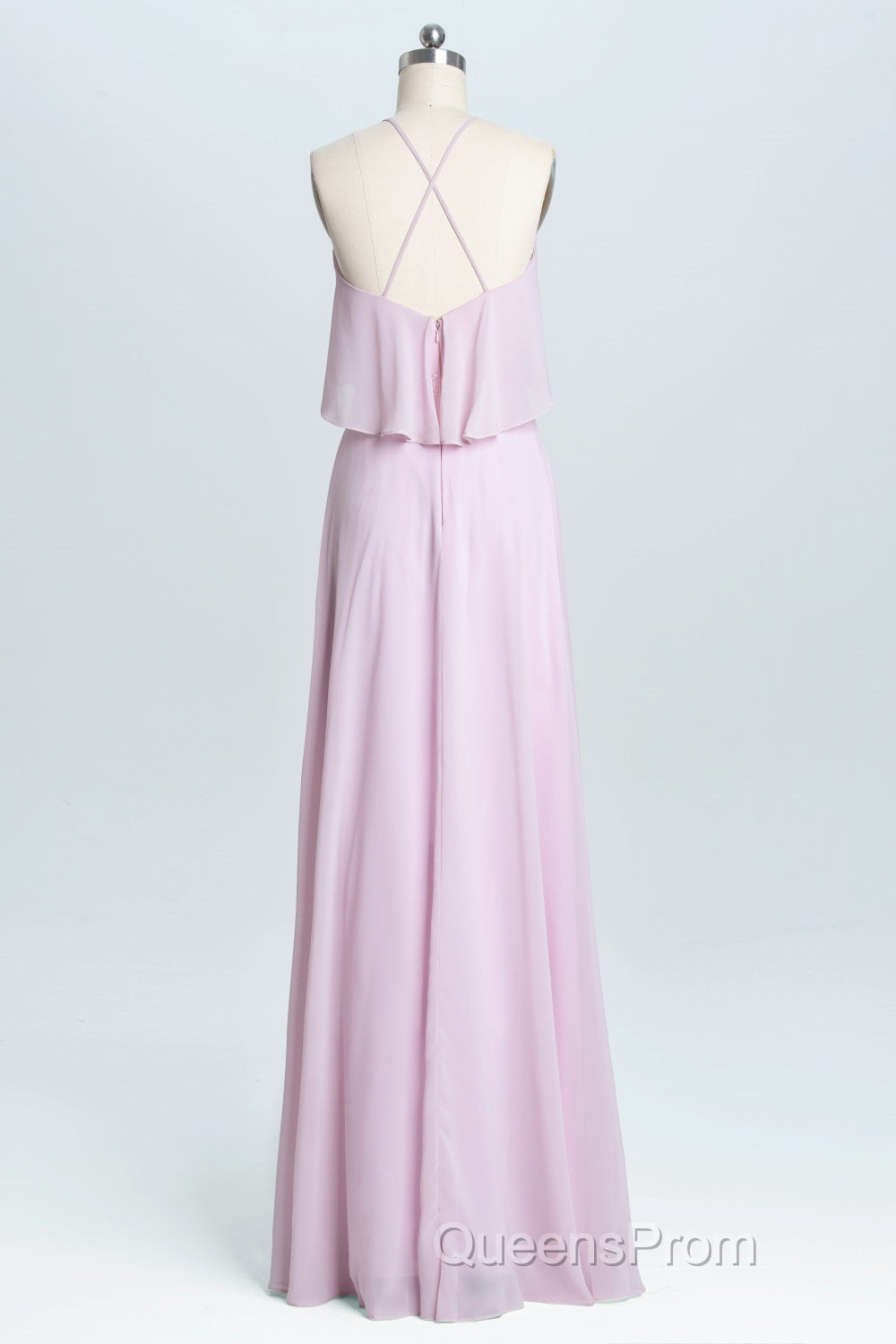 Pink Straps Flounce Chiffon A-line Long Bridesmaid Dress Secondary image
