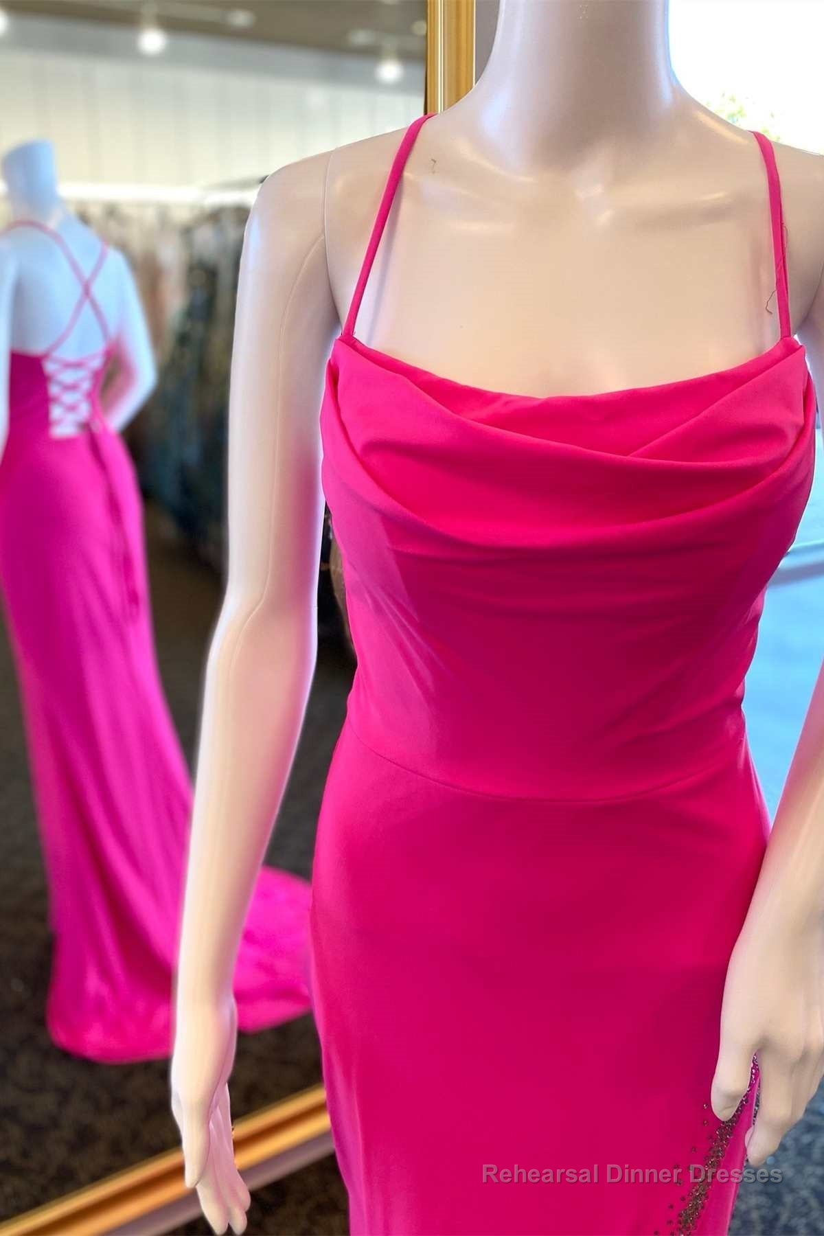 Hot Pink Beaded Cowl Neck Lace-Up Mermaid Long Dress Main image