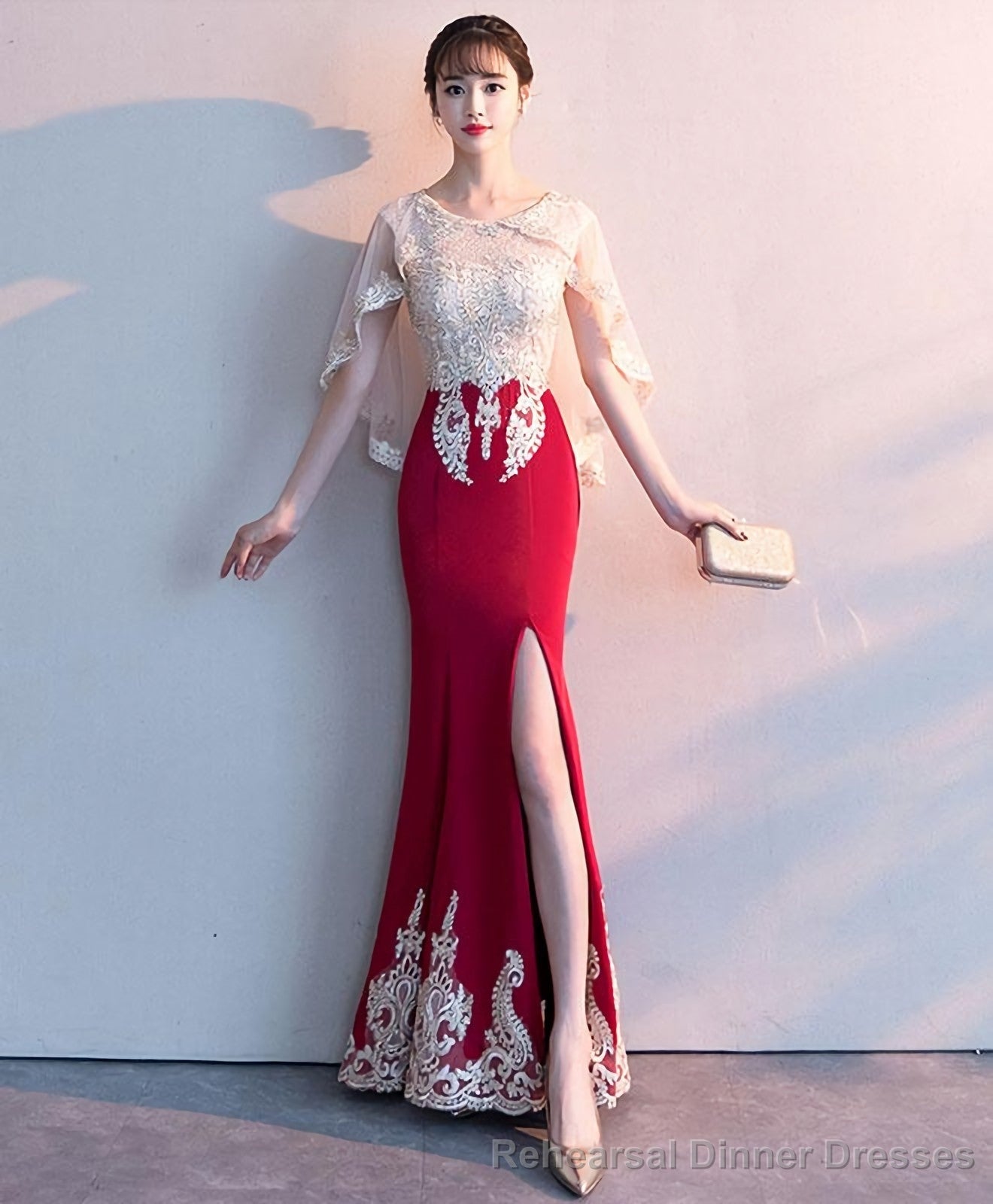 Burgundy Lace Mermaid Long Prom Dress Lace Formal Dress Secondary image