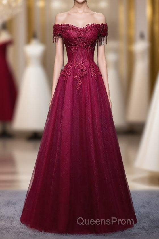 Burgundy Tulle Lace Off Shoulder Long Evening Prom Dress, Burgundy Lace Evening Dress Main image