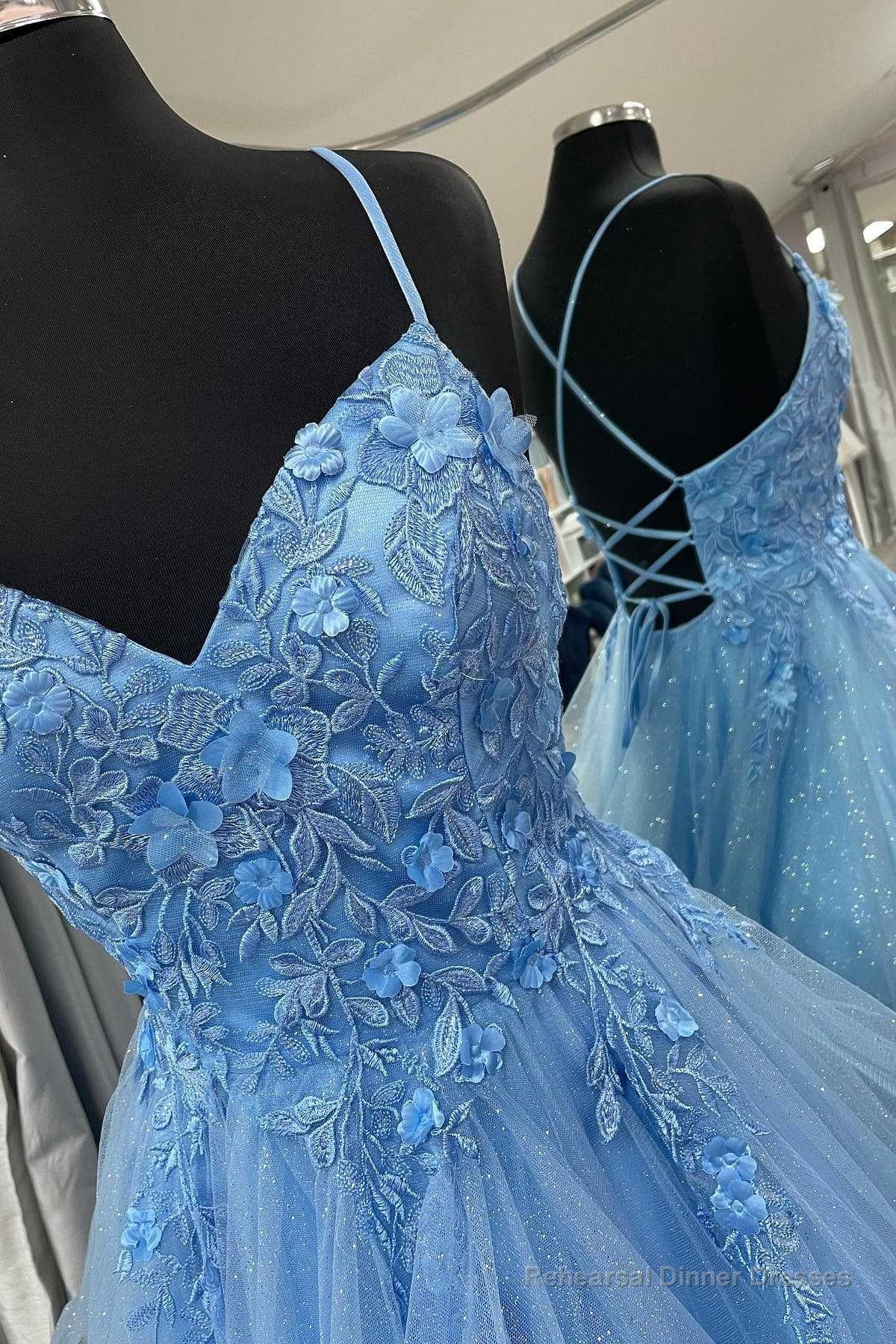 Blue Floral Appliques Lace-Up Tiered A-Line Prom Dress Secondary image