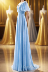 Flutter Sleeves Blue Chiffon A-line Long Bridesmaid Dress