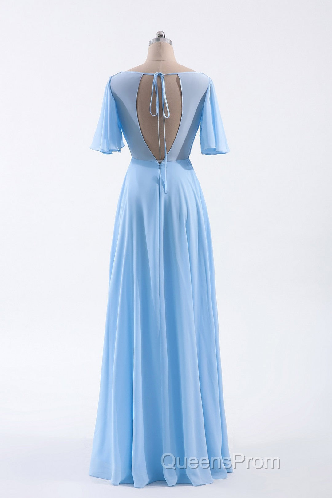 Flutter Sleeves Blue Chiffon A-line Long Bridesmaid Dress Secondary image