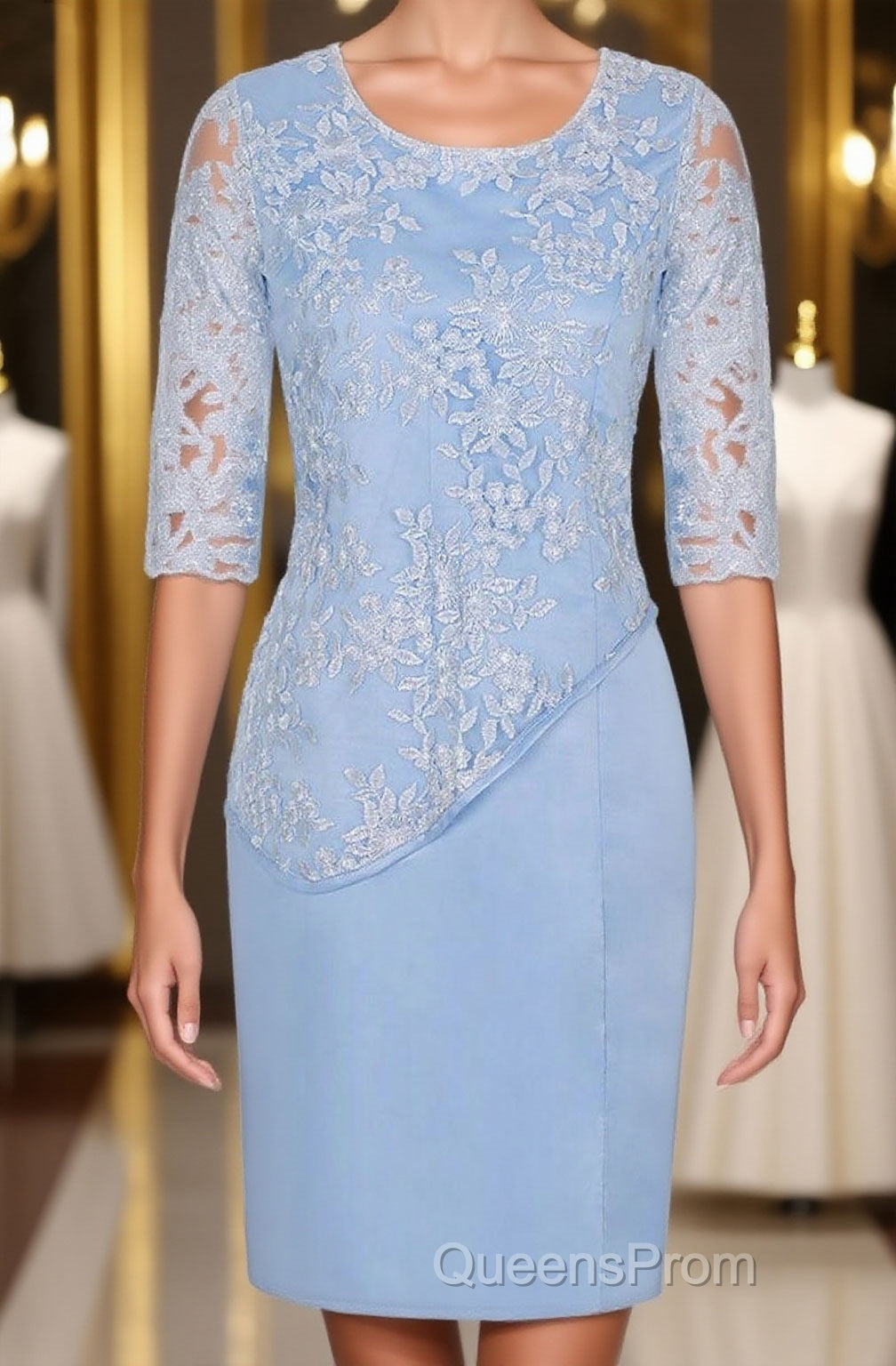Light Blue Crew Neck Lace Half Sleeve Short Mother of the Bride Dress Main image