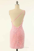 Pink Sequin One-Shoulder Backless Short Formal Dress