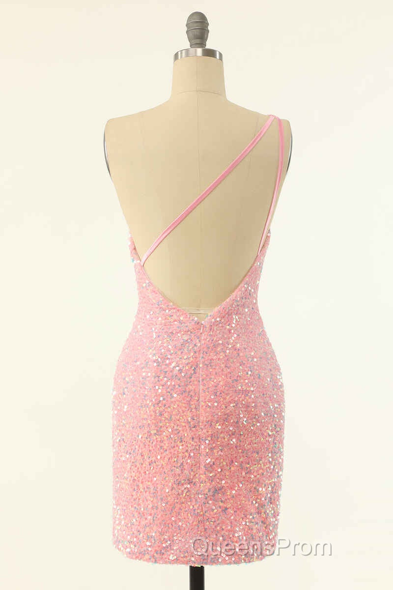 Pink Sequin One-Shoulder Backless Short Formal Dress