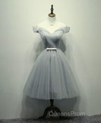 Simple V Neck Tulle Off Shoulder Short Evening Prom Dress, Pink Homecoming Dress