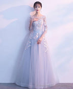 Gray Round Neck Tulle Lace Applique Long Prom Dress Gray Evening Dress