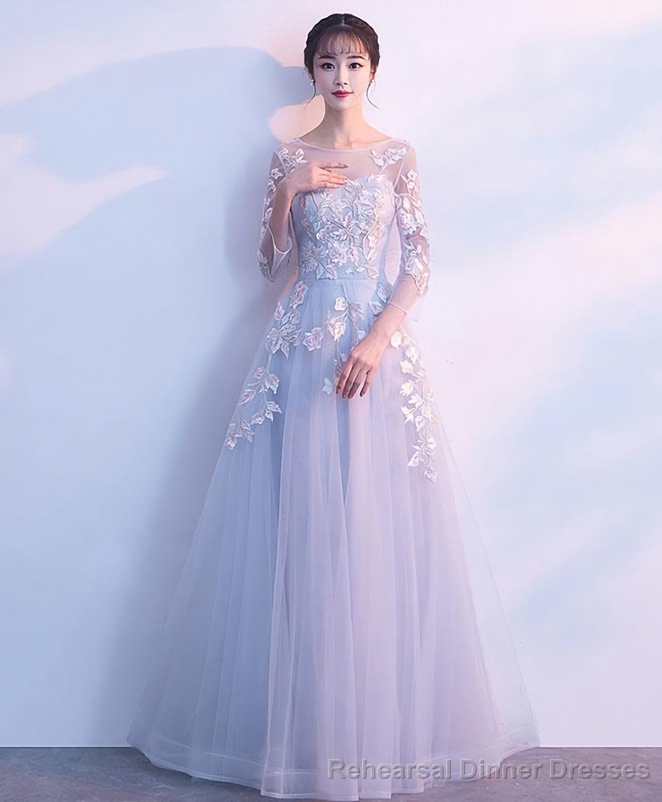 Gray Round Neck Tulle Lace Applique Long Prom Dress Gray Evening Dress