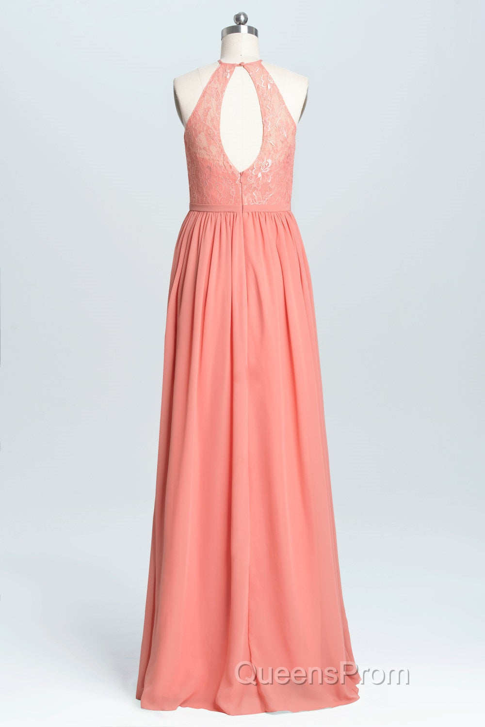 Halter Coral A-line Lace and Chiffon Long Bridesmaid Dress Secondary image