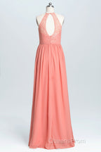 Halter Coral A-line Lace and Chiffon Long Bridesmaid Dress