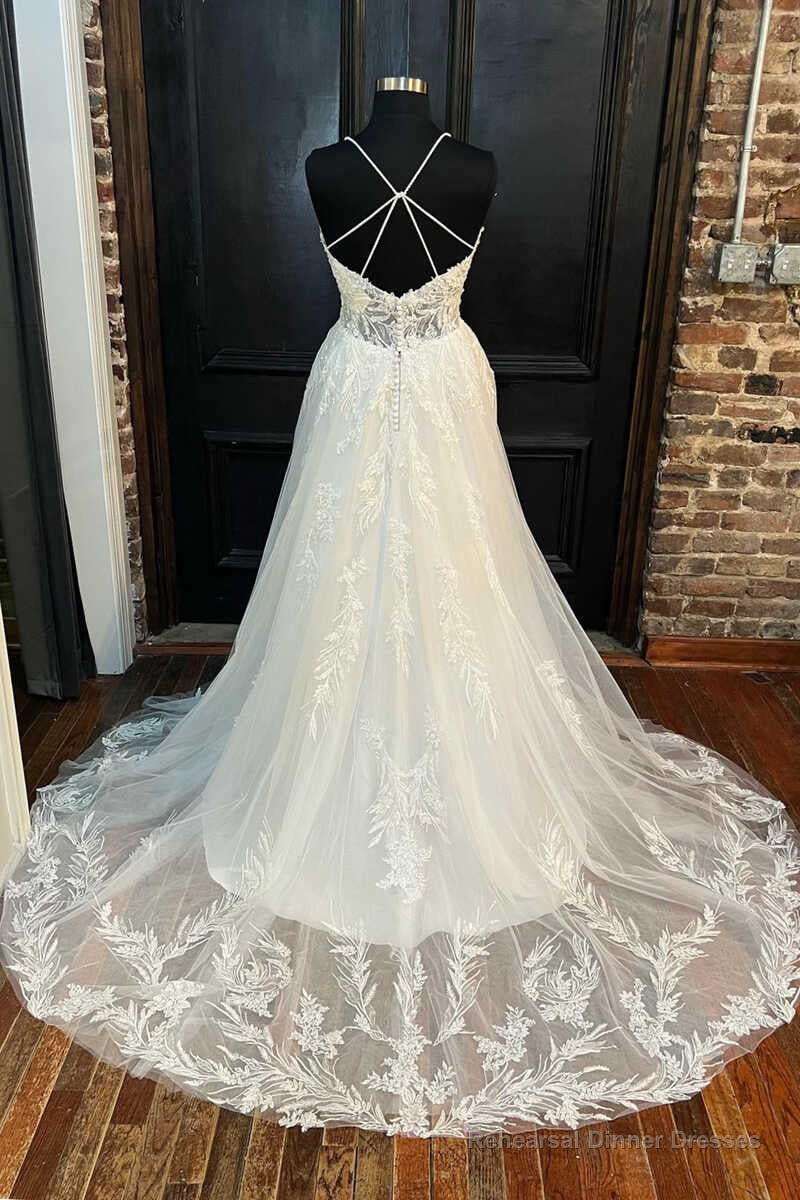 White Lace V-Neck Backless A-Line Long Wedding Dress Secondary image