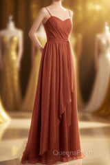 Rust Orange Spaghetti Straps Sweetheart Ruffled Long Bridesmaid Dress