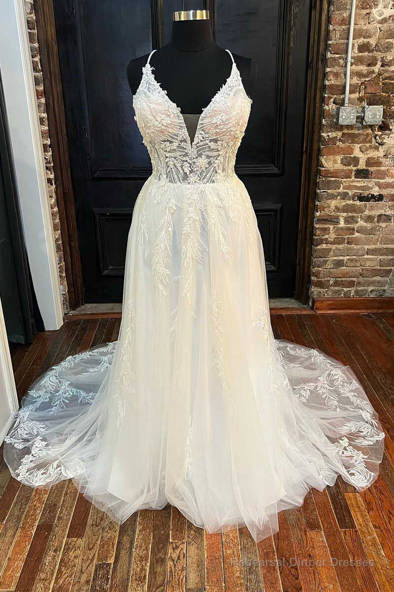 White Lace V-Neck Backless A-Line Long Wedding Dress Main image