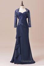 Navy Blue Two-Piece Sweetheart Ruffled Long Mother of the Bride Dress