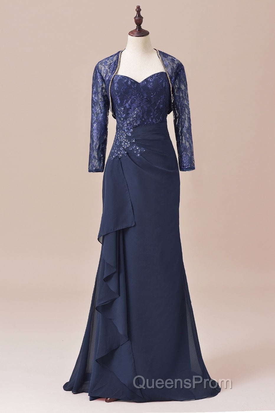 Navy Blue Two-Piece Sweetheart Ruffled Long Mother of the Bride Dress