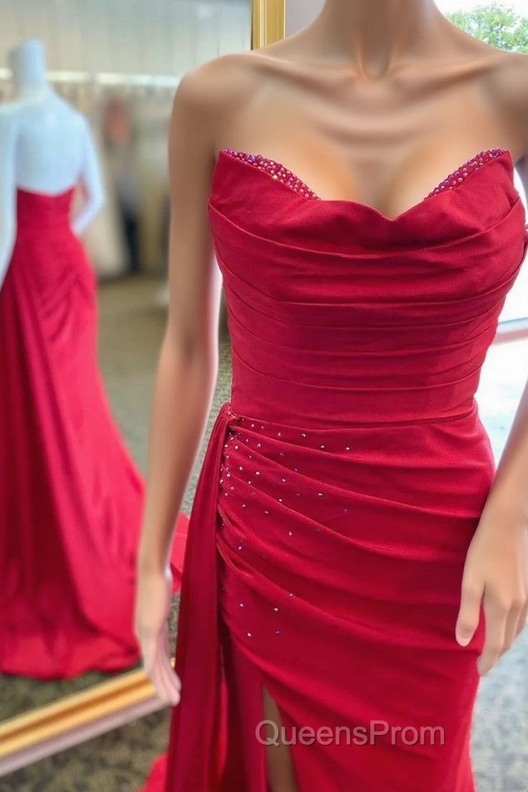 Red Beaded Strapless Mermaid Long Dress with Attached Train Main image