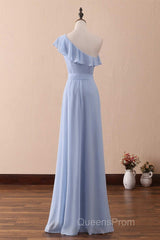 Periwinkle One-Shoulder Ruffled A-Line Long Bridesmaid Dress
