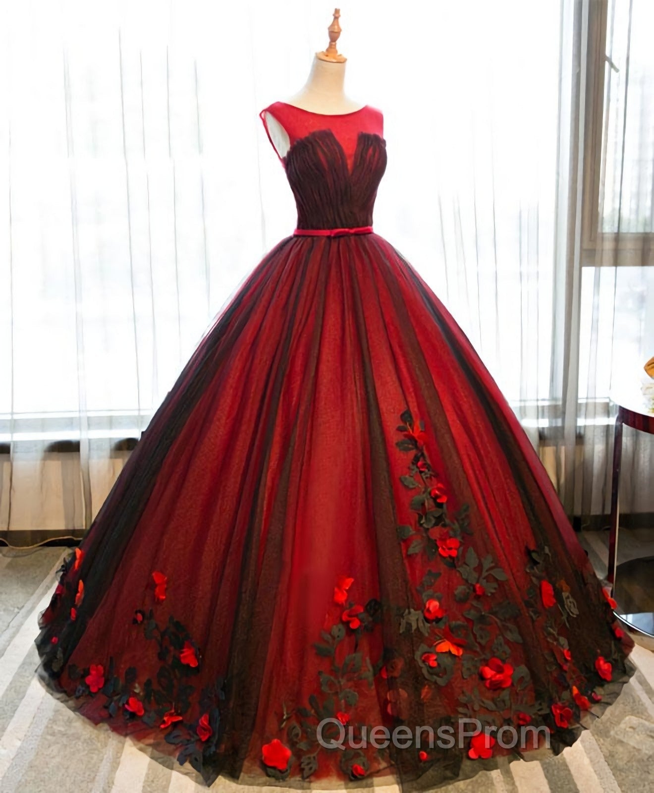 Burgundy Round Neck Tulle Lace Applique Long Evening Prom Dress, Burgundy Evening Dress Secondary image