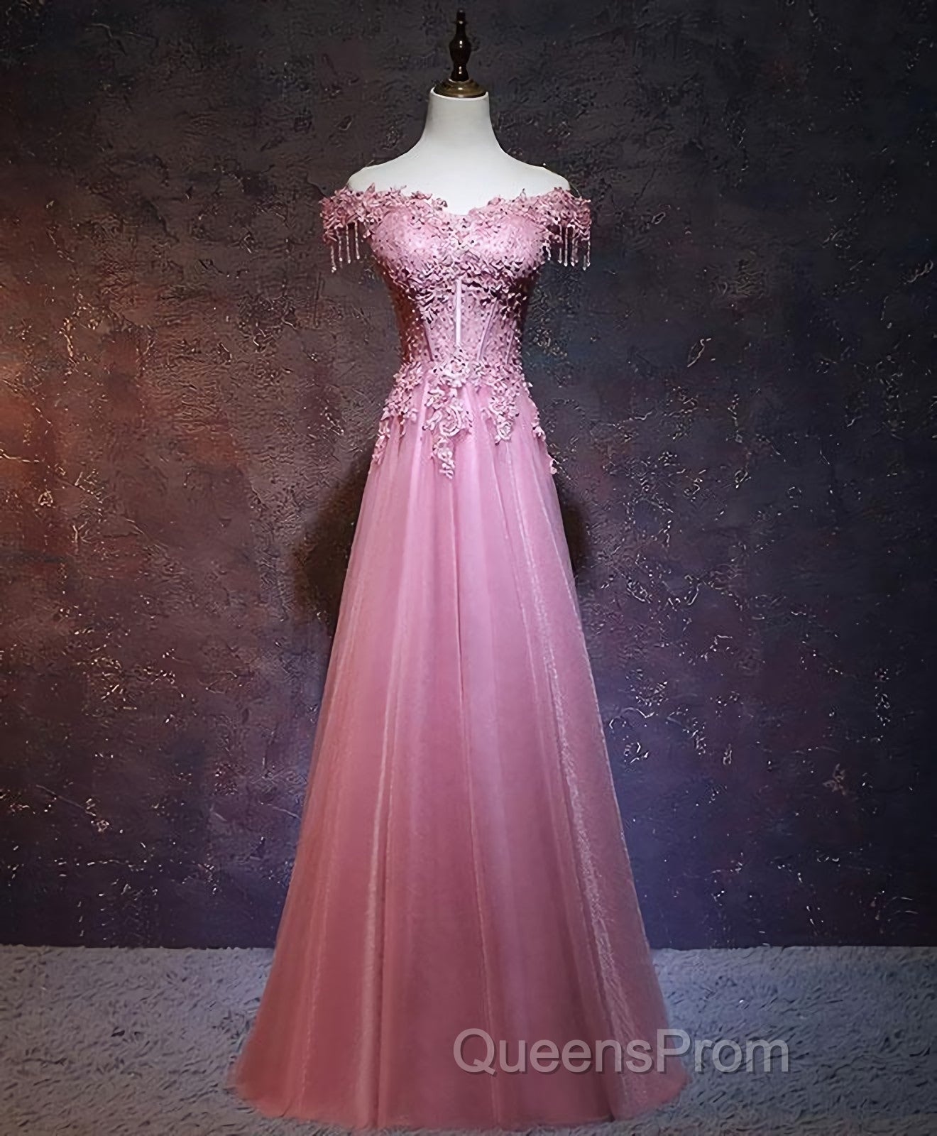 Burgundy Tulle Lace Off Shoulder Long Evening Prom Dress, Burgundy Lace Evening Dress