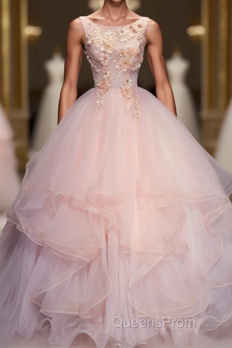 Pink Round Neck Tulle Lace Long Evening Prom Dress, Lace Formal Dress Main image