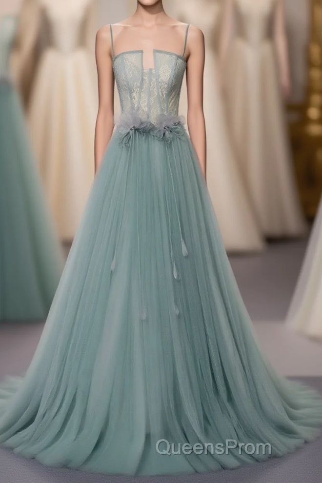 Green A Line Tulle Lace Long Evening Prom Dress, Green Tulle Formal Dress Main image