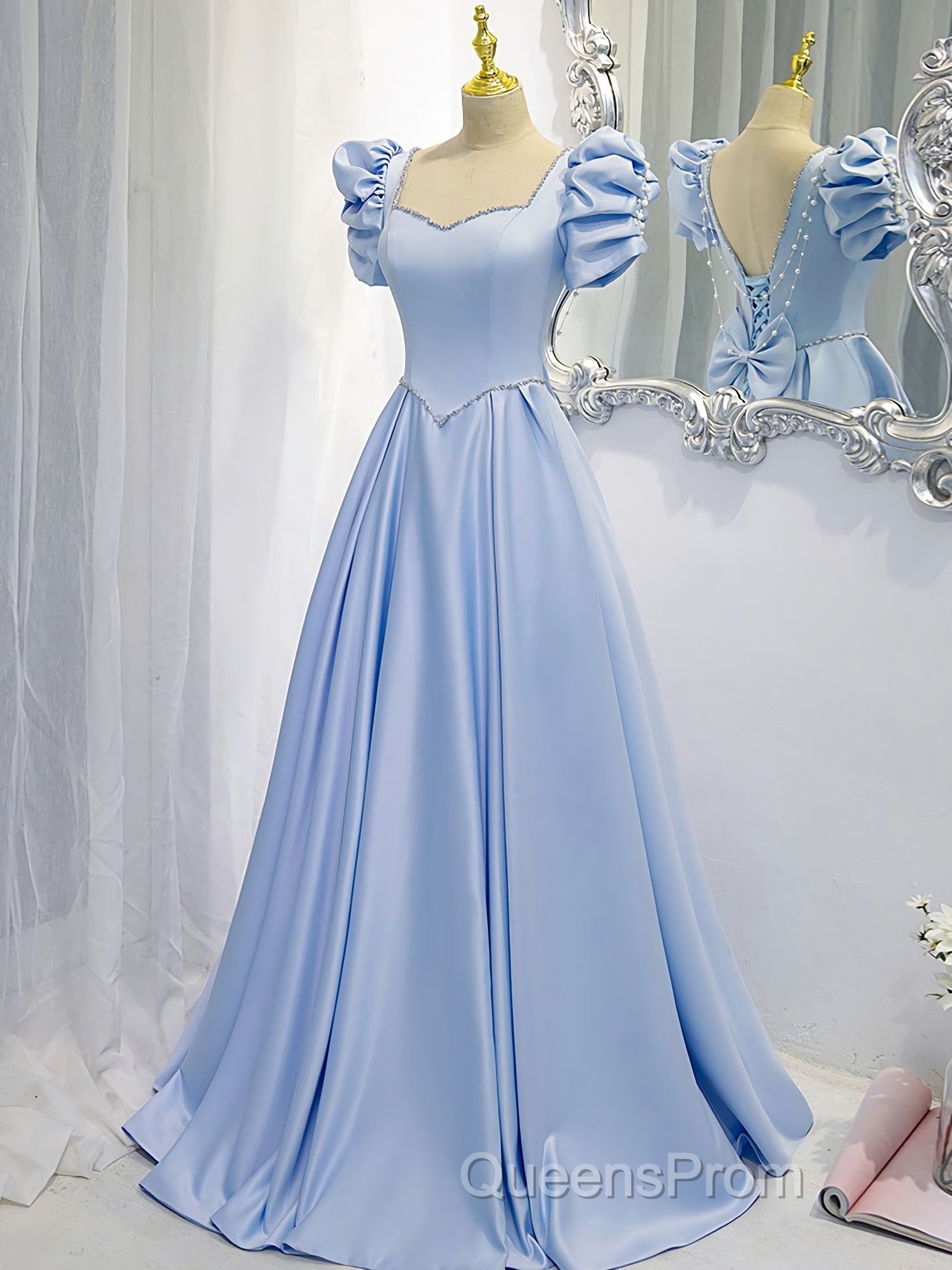Blue Satin Backless Long Evening Prom Dress, Blue Evening Dress