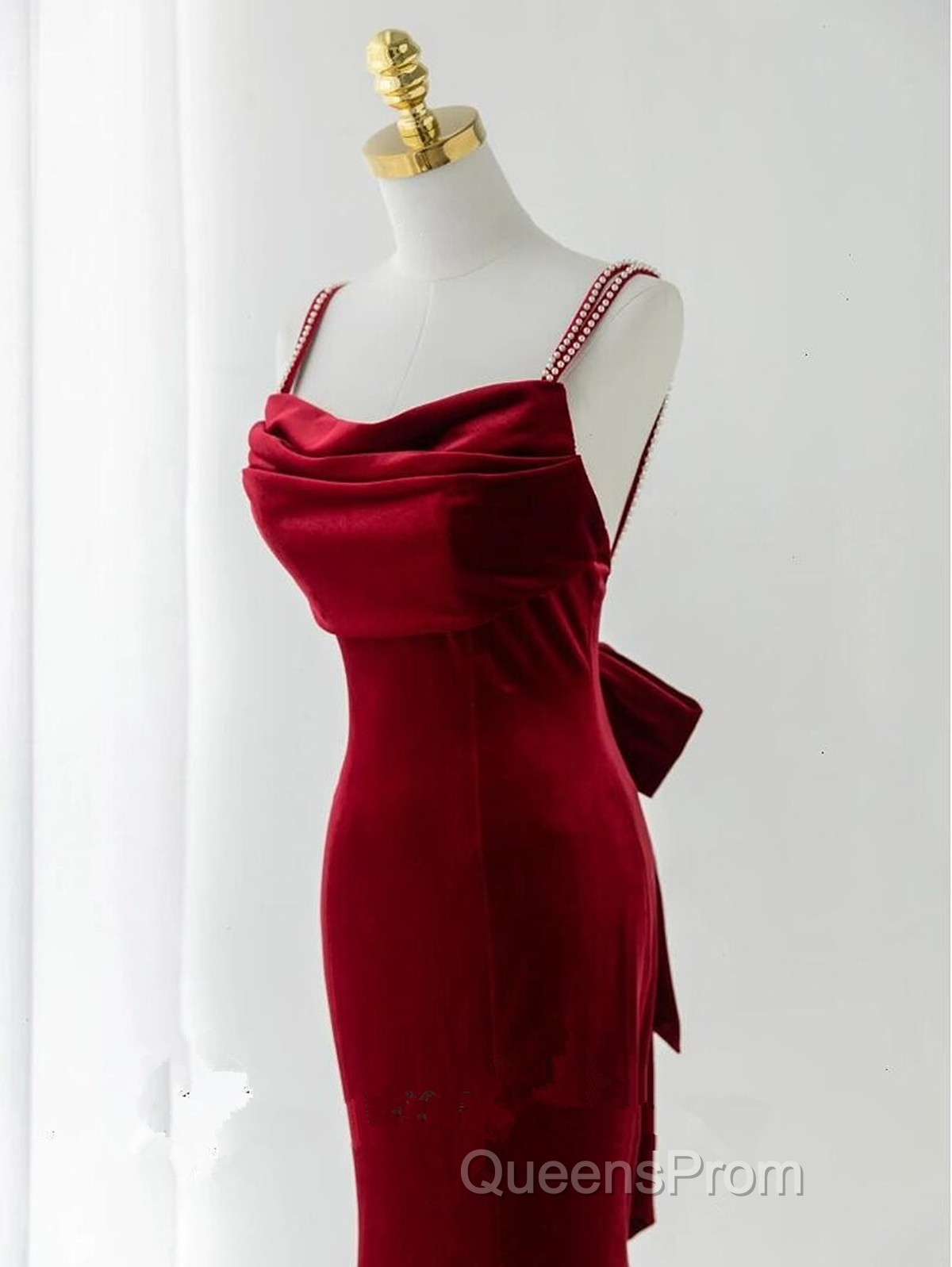Wine Red Velvet Low Back Straps Long Party Dress, Wine Red Wedding Party Dress Secondary image