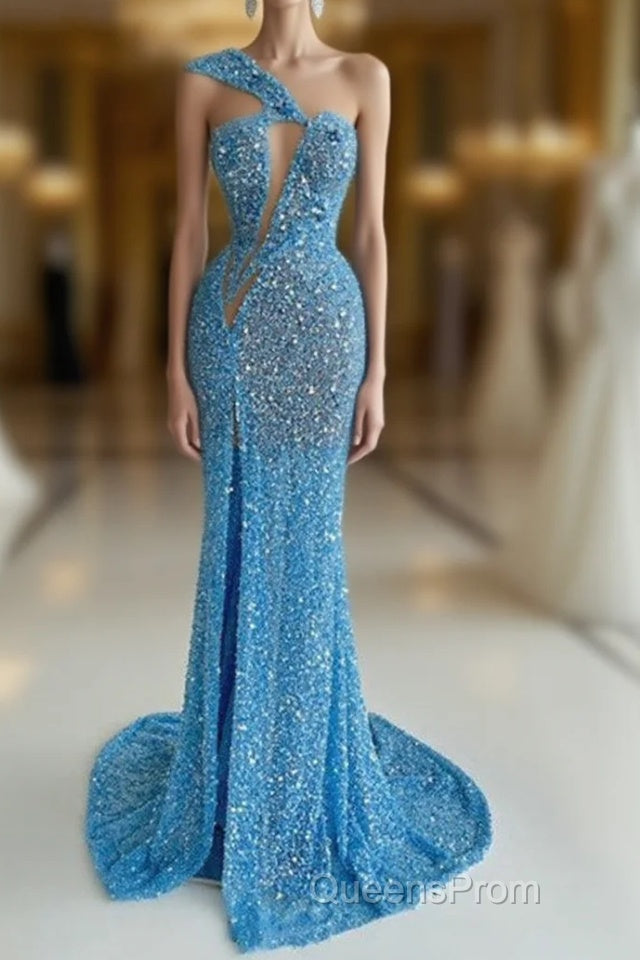 Ocean Blue Sequins One-Shoulder Mermaid Long Evening Prom Dress With Split Main image