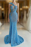 Ocean Blue Sequins One-Shoulder Mermaid Long Evening Prom Dress With Split