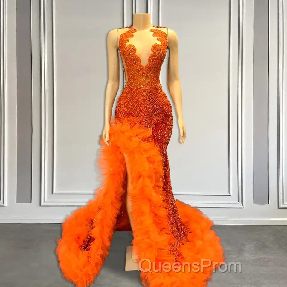 Orange Sleeveless Mermaid Evening Prom Dress with Side Slit and Tulle Beadings Secondary image