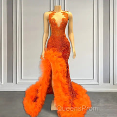 Orange Sleeveless Mermaid Evening Prom Dress with Side Slit and Tulle Beadings