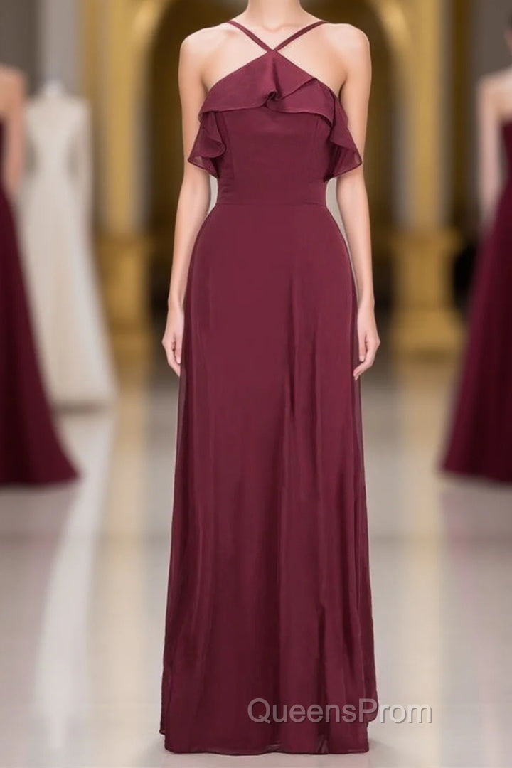 Straps Burgundy Ruffles A-line Long Bridesmaid Dress Main image