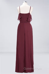 Straps Burgundy Ruffles A-line Long Bridesmaid Dress