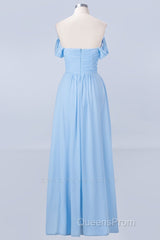Blue Off the Shoulder Pleated Chiffon Long Bridesmaid Dress